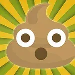 Emoji maro cu două ochi mari și gură surprinsă pe un fundal cu dungi galbene și verzi