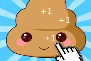 Emoji drăguț în formă de caca cu obraji roz și un cursor ce face click, pe un fundal albastru cu dungi luminoase