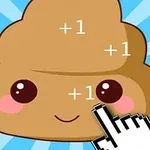 Emoji drăguț în formă de caca cu obraji roz și un cursor ce face click, pe un fundal albastru cu dungi luminoase