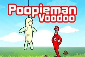Personaj animat în roșu stând lângă o păpușă voodoo suspendată, pe un fundal de cer albastru și iarbă verde