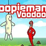 Personaj animat în roșu stând lângă o păpușă voodoo suspendată, pe un fundal de cer albastru și iarbă verde