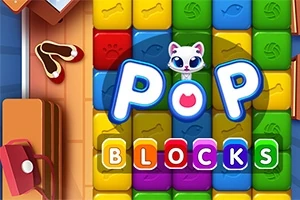 Blocuri colorate cu literele POP BLOCKS și o pisică stilizată în centru