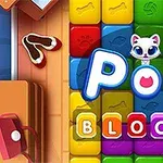 Blocuri colorate cu literele POP BLOCKS și o pisică stilizată în centru