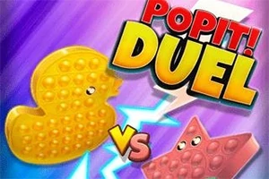 Un rațel galben și o stea roz din silicon cu fețe zâmbitoare se confruntă sub textul POPIT!