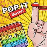 Un deget cu o bandă roșie pe fundal galben radiant, înconjurat de jucării pop it în culori curcubeu zâmbitoare