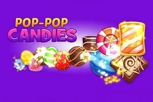 Textul Pop-Pop Candies pe un fundal mov cu bomboane colorate în diverse forme și culori