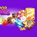 Textul Pop-Pop Candies pe un fundal mov cu bomboane colorate în diverse forme și culori