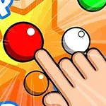 Mingi colorate și o mână care atinge o minge roșie pe un fundal portocaliu cu stele și textul POP