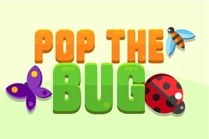 Textul Pop the Bug este însoțit de imagini cu un fluture violet, o albină și o buburuză pe un fundal deschis