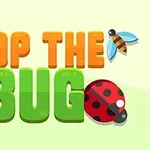 Textul Pop the Bug este însoțit de imagini cu un fluture violet, o albină și o buburuză pe un fundal deschis