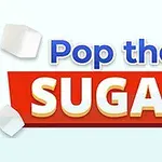 Textul Pop the Sugar pe un fundal roșu cu cuburi de zahăr în colțuri