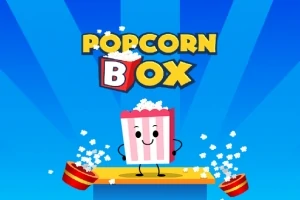 Cutie de popcorn animată zâmbind pe o platformă cu fundal albastru și un efect stilizat de explozie de popcorn