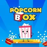 Cutie de popcorn animată zâmbind pe o platformă cu fundal albastru și un efect stilizat de explozie de popcorn