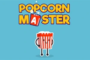Desen animat al unui pahar de popcorn cu față zâmbitoare sub un logo multicolor pe fundal albastru