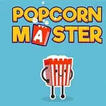 Desen animat al unui pahar de popcorn cu față zâmbitoare sub un logo multicolor pe fundal albastru