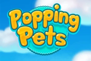 Text galben Popping Pets pe fundal albastru cu nori