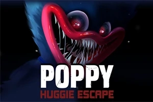Un personaj albastru cu gură mare, buze roșii și dinți ascuțiți pe un fundal întunecat, cu textul „Poppy Huggie Escape” în prim-plan