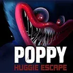 Un personaj albastru cu gură mare, buze roșii și dinți ascuțiți pe un fundal întunecat, cu textul „Poppy Huggie Escape” în prim-plan
