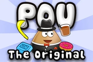 Un personaj animat cu pălărie și papion, înconjurat de obiecte precum o banană, un suc, săpun și o gogoașă, pe un fundal albastru cu cuvintele „The Original”