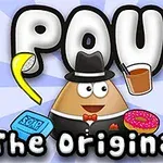 Un personaj animat cu pălărie și papion, înconjurat de obiecte precum o banană, un suc, săpun și o gogoașă, pe un fundal albastru cu cuvintele „The Original”