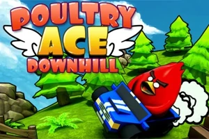 Pasăre roșie furioasă conducând un vehicul albastru într-un peisaj verde cu copaci, având titlul Poultry Ace Downhill deasupra