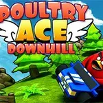 Pasăre roșie furioasă conducând un vehicul albastru într-un peisaj verde cu copaci, având titlul Poultry Ace Downhill deasupra