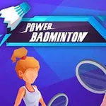 Doi jucători de badminton stilizați cu rachete, sub un logo vibrant care spune Power Badminton, pe un fundal albastru-violet
