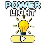 Un bec galben aprins cu raze luminoase sub cuvintele Power Light și un buton play dedesubt