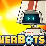 Doi roboți stilizați, unul mic și altul mare, cu ochi luminoși, pe un fundal galben intens, cu textul PowerBots dedesubt
