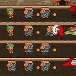 Personaje mici animate, printre care oameni cu costume miner și dragoni colorati, într-un peisaj subteran