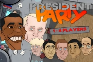 Caricaturi ale unor figuri umane cu expresii exagerate, incluzând diverse detalii colorate și textul President Party deasupra