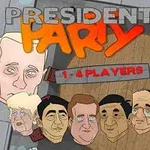 Caricaturi ale unor figuri umane cu expresii exagerate, incluzând diverse detalii colorate și textul President Party deasupra
