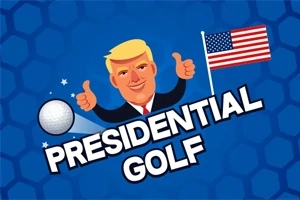 Imagine cu un personaj blond care dă două degete în sus, o minge de golf, un steag american și textul „Presidential Golf” pe un fundal albastru