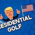 Imagine cu un personaj blond care dă două degete în sus, o minge de golf, un steag american și textul „Presidential Golf” pe un fundal albastru