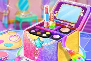 Cutie de machiaj colorată cu oglindă, rujuri, farduri și accesorii, așezată pe o masă într-o cameră decorată elegant