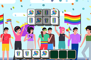 Un grup de persoane diverse fluturând steaguri curcubeu, cu elemente grafice reprezentând inimi și cafele în stil pixel art