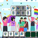 Un grup de persoane diverse fluturând steaguri curcubeu, cu elemente grafice reprezentând inimi și cafele în stil pixel art