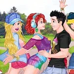 Patru personaje animate, trei femei și un bărbat, în haine casual și colorate, pozând vesel într-un parc