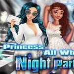 Trei personaje animate într-o petrecere tematică, toate purtând ținute albe elegante