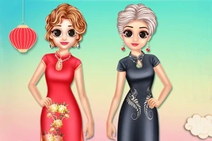 Două personaje animate stând, purtând rochii elegante, una roșie cu flori și cealaltă neagră cu motive florale, pe un fundal pastelat cu un lampion roșu și un nor