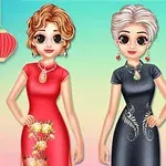 Două personaje animate stând, purtând rochii elegante, una roșie cu flori și cealaltă neagră cu motive florale, pe un fundal pastelat cu un lampion roșu și un nor