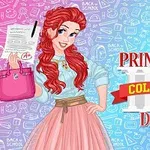 Ilustrație cu o tânără zâmbitoare cu păr roșu, ținând un document și o geantă roz, pe un fundal cu simboluri școlare și text