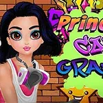 Prințesă cu păr negru și mască de protecție stând în fața unui perete de cărămidă cu graffiti colorat