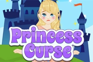 Prințesă blondă tristă în fața unui castel cu un banner violet pe care scrie „Princess Curse”
