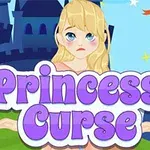 Prințesă blondă tristă în fața unui castel cu un banner violet pe care scrie „Princess Curse”