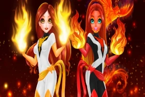 Două personaje animate cu păr roșcat ținând flăcări în mâini, purtând costume în alb și negru, pe un fundal întunecat cu focuri vii