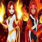 Două personaje animate cu păr roșcat ținând flăcări în mâini, purtând costume în alb și negru, pe un fundal întunecat cu focuri vii