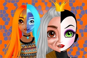 Două fețe feminine împărțite în jumătăți, una colorată și una alb-negru, pe un fundal mozaic portocaliu și albastru