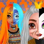 Două fețe feminine împărțite în jumătăți, una colorată și una alb-negru, pe un fundal mozaic portocaliu și albastru