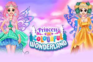 Două prințese fantezie cu aripi colorate, una în rochie verde și cealaltă în rochie galbenă, pe fundal roz cu nori și cer albastru, alături de textul Princess in Colourful Wonderland
